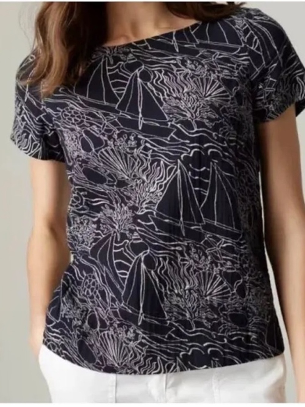 J. Jill cotton Sailboat print Short Sleeve Women's Top L petite (Bin A2-039)